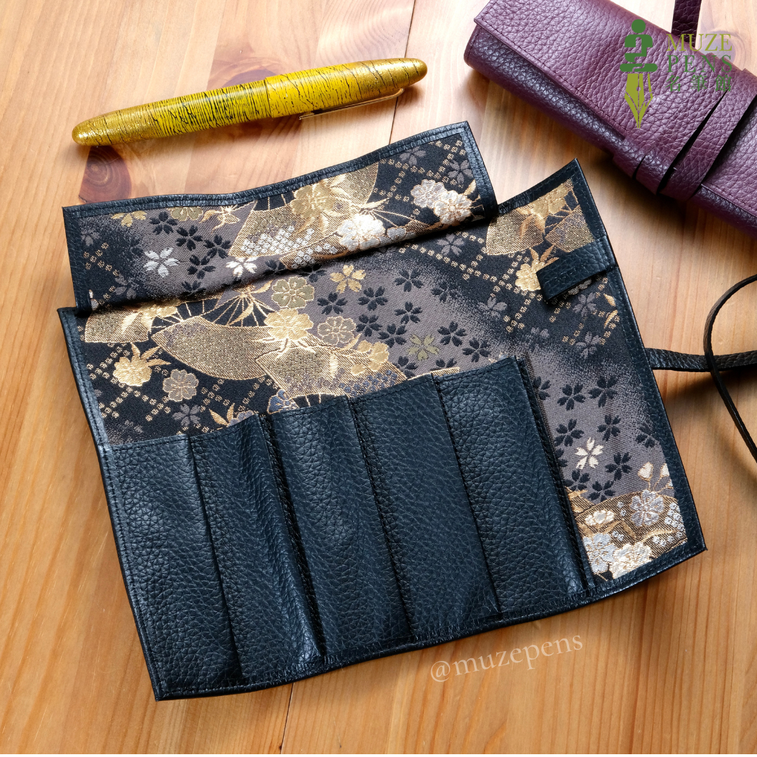 TACCIA Kin-ran x Leather 5 Slot Pen Roll Case - Black