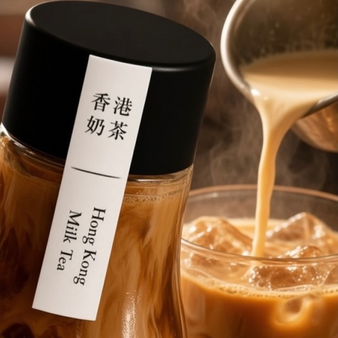 A glass bottle of Hong Kong Milk Tea with a black lid and a white vertical label featuring Chinese and English text, shown next to a glass of iced tea with steaming milk being poured in from a metal pitcher.